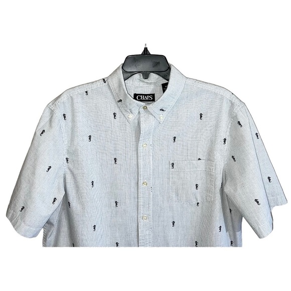 Chaps Shirt Men’s Size L White Black Checks Seahorses Button Front Short Sleeve - Picture 2 of 6